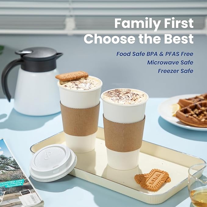 Fit Meal Prep 100 Pack 24 oz Disposable Coffee Cups with Lids, Sleeves, Leak-Proof To Go Coffee Cups with Lids, Durable Hot Paper Cups for Home, Office, Party, Business