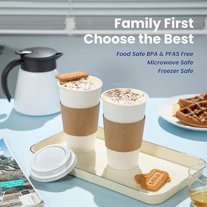 Fit Meal Prep 100 Pack 24 oz Disposable Coffee Cups with Lids, Sleeves, Leak-Proof To Go Coffee Cups with Lids, Durable Hot Paper Cups for Home, Office, Party, Business