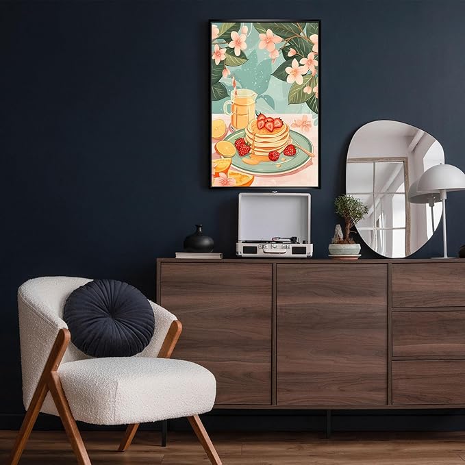 Vintage Food Afternoon Tea Kitchen Wall Art Funny Drinks Fruits Food Pastries Canvas Posters Funky Pink Strawberry Cake Orange Flowers Prints Painting For Living Room Wall Decor 8x10in Framed