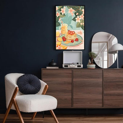 Vintage Food Afternoon Tea Kitchen Wall Art Funny Drinks Fruits Food Pastries Canvas Posters Funky Pink Strawberry Cake Orange Flowers Prints Painting For Living Room Wall Decor 8x10in Framed