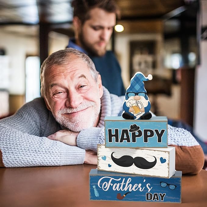 Blosssound 4 Pcs Father's Day Table Decorations Centerpieces Happy Father's Day Wooden Signs Retro Blue White Gnome Block Dad Appreciation Gifts Grandfather Birthday Party Supplies for Shelf Mantel