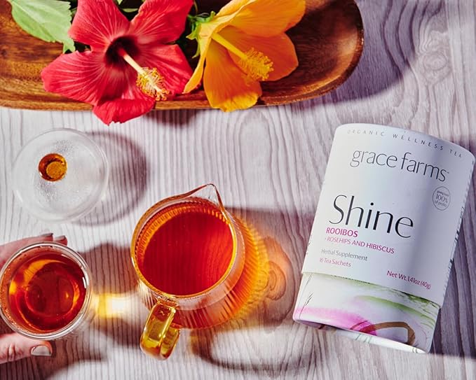 Grace Farms Shine Wellness Organic Tea Blend (100 Enveloped Pyramid Sachets w/ String & Tag) | Hydrating For Skin and Detox | Rooibos, Rosehips, Hibiscus, Tulsi, Haritaki | Fairtrade and Kosher | Gives Back 100% of Profits
