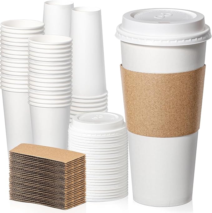Fit Meal Prep 100 Pack 24 oz Disposable Coffee Cups with Lids, Sleeves, Leak-Proof To Go Coffee Cups with Lids, Durable Hot Paper Cups for Home, Office, Party, Business
