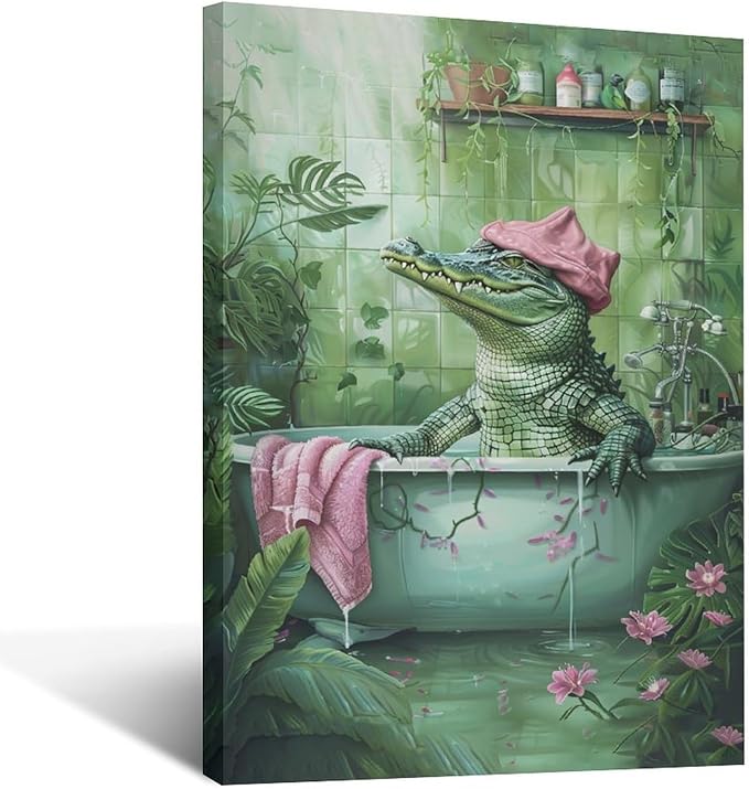 Bathroom Crocodile Wall Art Alligator Bathroom Pictures Wall Decor Funny Toilet Bathroom Canvas Painting Home Modern Artwork Decorations Framed for Restroom 20 x 24 inch