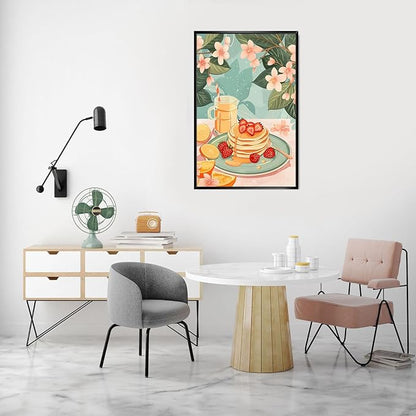 Vintage Food Afternoon Tea Kitchen Wall Art Funny Drinks Fruits Food Pastries Canvas Posters Funky Pink Strawberry Cake Orange Flowers Prints Painting For Living Room Wall Decor 8x10in Framed