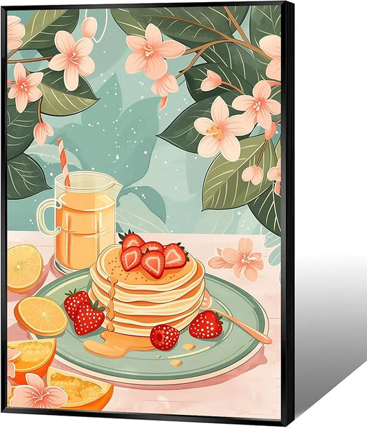 Vintage Food Afternoon Tea Kitchen Wall Art Funny Drinks Fruits Food Pastries Canvas Posters Funky Pink Strawberry Cake Orange Flowers Prints Painting For Living Room Wall Decor 8x10in Framed