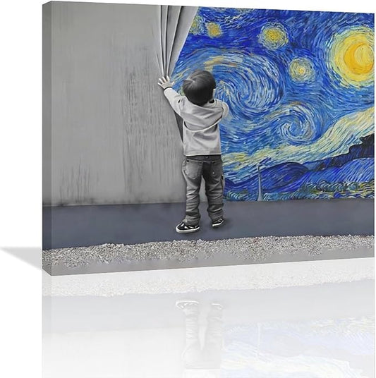 xiilo Banksy Wall Art Boys Starry Night Street Graffiti Pictures Wall Decor Kids Canvas Painting Pop Home Modern Artwork Decorations Framed for Living Room Bedroom Bathroom Office 24 x 20 inch