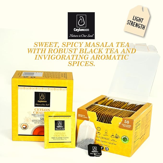 Ceylonzon Chai Tea Classic Taste 50 Individually Foil-Wrapped Tea Bags, Pure Ceylon Black Tea with Naturally Rich flavor & Spices, Spice Chai Latte Blend 80g
