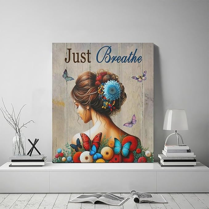 Just Breathe Butterfly Girl Wall Art Aesthetic Girls Room Decor Colorful Flying Butterfly female Woman Pictures Canvas Painting Artwork Decorations Framed for Bedroom Bathroom Office 24 x 20 inch