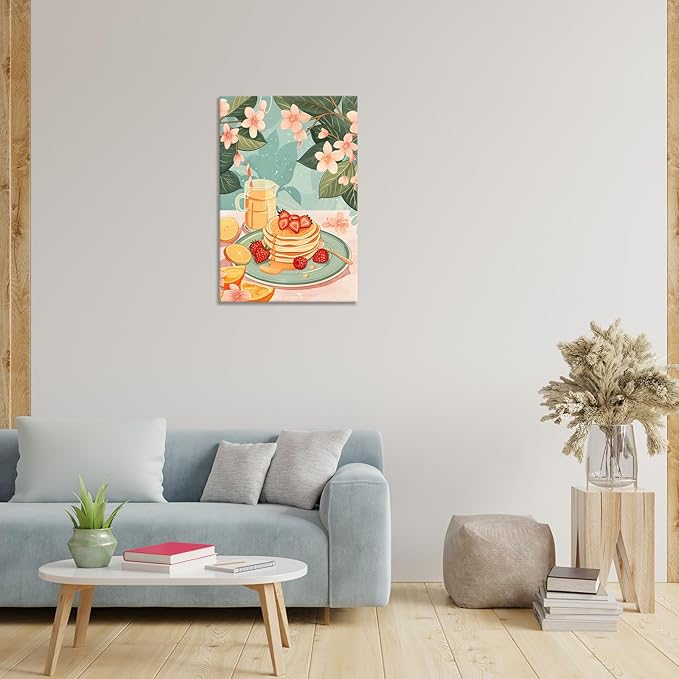 Vintage Food Afternoon Tea Kitchen Wall Art Funny Drinks Fruits Food Pastries Canvas Posters Funky Pink Strawberry Cake Orange Flowers Prints Painting For Living Room Wall Decor 8x10in Framed