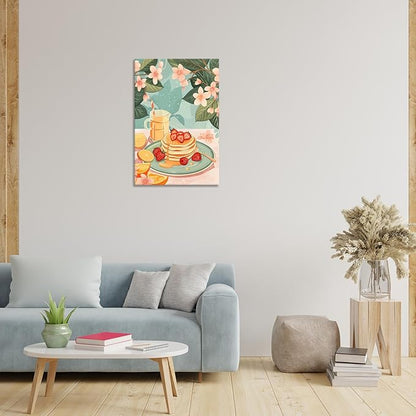 Vintage Food Afternoon Tea Kitchen Wall Art Funny Drinks Fruits Food Pastries Canvas Posters Funky Pink Strawberry Cake Orange Flowers Prints Painting For Living Room Wall Decor 8x10in Framed