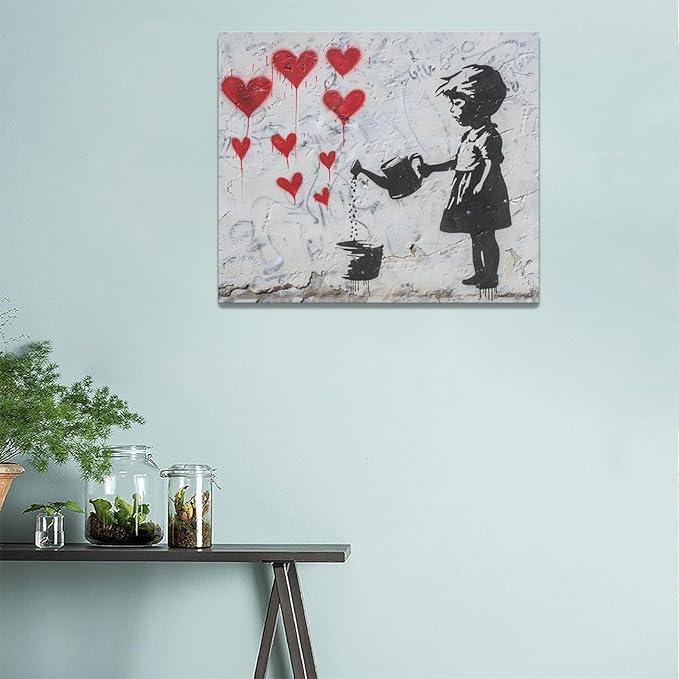 xiilo Banksy Girl Wall Art Heart Pictures Street Graffiti Canvas Wall Decor Kids Aesthetic Painting Pop Home Modern Artwork Decorations Framed for Living Room Bedroom Bathroom Office 24 x 20 inch