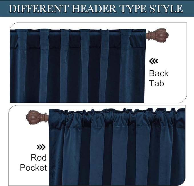 RYB HOME Navy Blue Velvet Curtains 100 inches, Back Tab Soft Fabric Room Darkening Thermal Insulated Luxurious Home Decor Curtains for Living Room Bedroom, W 52" x L 100", 2 Panels Set