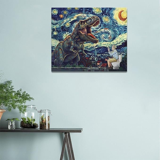 Dinosaur Bathroom Wall Art Starry Night Funny Bathroom Pictures Wall Decor Dinosaur Canvas Painting Print Home Modern Artwork Decorations Framed for Bathroom Living Room Bedroom Office 24 x 20 inch