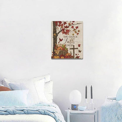 Maple Leaf Fall Wall Art Pictures Autumn Leaves Wall Decor Pumpkins Canvas Painting Home Modern Artwork Decorations Framed for Bathroom Living Room Bedroom 20 x 24 inch