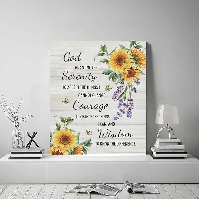 Serenity Prayer Wall Decor Christian Religious Sunflower Pictures Inspirational Bible Verses Scripture Canvas Wall Art God Painting Home Modern Artwork Framed for Living Room Bedroom Office 20x24inch