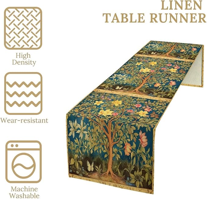 William Morris Table Runner, Vintage William Morris Floral Country Style Linen Table Runner for Home Kitchen Table Decoration, 13x108 Inch