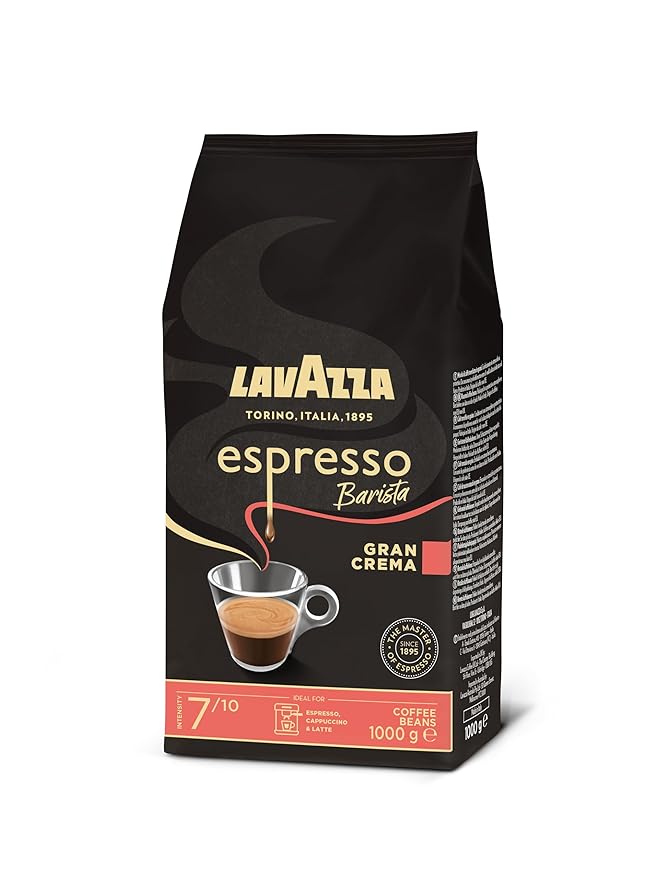 Lavazza, Espresso Barista Gran Crema, Drum Roasted Coffee Beans, Ideal for Espresso Coffee Machines, Aromatic Notes of Dried Fruit and Flowers, Arabica and Robusta, Intensity 7/10, Light Roast, 1 kg