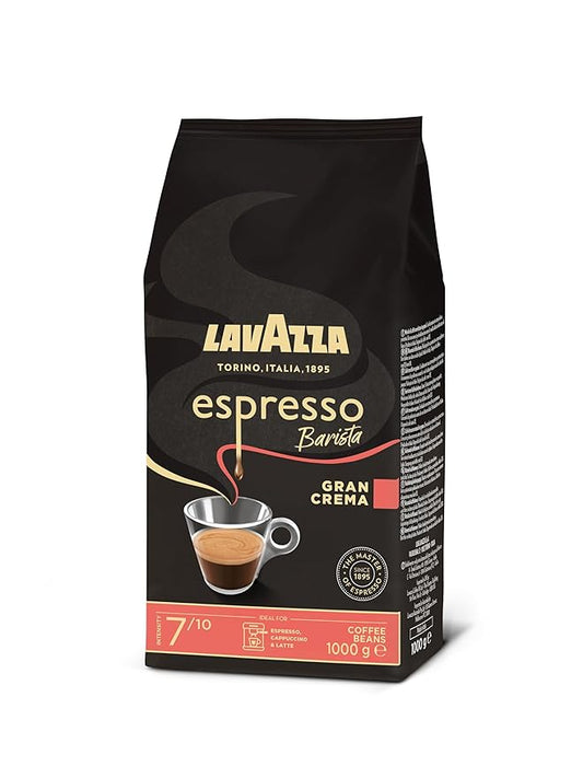 Lavazza, Espresso Barista Gran Crema, Drum Roasted Coffee Beans, Ideal for Espresso Coffee Machines, Aromatic Notes of Dried Fruit and Flowers, Arabica and Robusta, Intensity 7/10, Light Roast, 1 kg