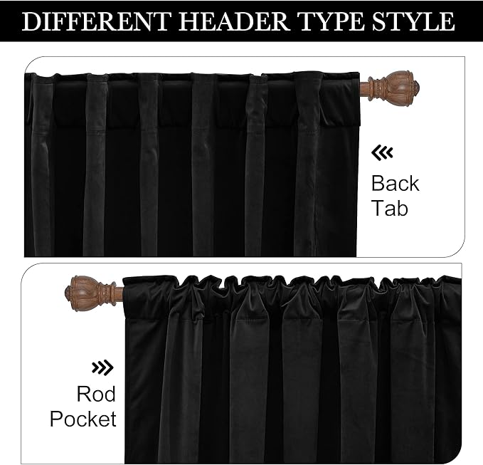 RYB HOME Black Velvet Curtains 102 inches, Back Tab Soft Fabric Blackout Thermal Insulated Luxurious Home Decor Curtains for Living Room Bedroom, W 52" x L 102", 2 Panels Set