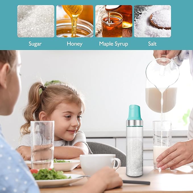 Sugar Dispenser with Pour Spout, 17 oz Glass Sugar Shaker Jar Creamer Dispenser Weighted Pourer for Coffee Bar,Tea & Baking, Sugar Container for Home Kitchen, Lake Blue