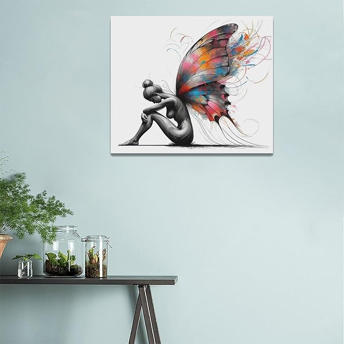 Butterfly Girl Wall Decor Colorful Butterfly Wings pictures Canvas Wall Art Female Woman Painting Girl Room Decor Artwork Decorations Framed for Bedroom Bathroom living Room Office 24 x 20 inch