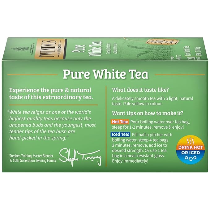 Twinings Pure White Tea Individually Wrapped Bags, 20 Count (Pack of 6), Light & Fresh, Caffeinated, Enjoy Hot or Iced | Packaging May Vary