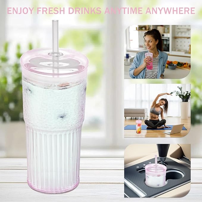 Glass Cups with Lids and Glass Straws, High Borosilicate 20OZ Pink Tumblers (2Pcs) for Coffee, Tea, Juice, Smoothies, Hot & Cold Drinks at Home/Office