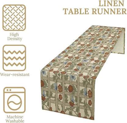 William Morris Table Runner, Vintage William Morris Floral Country Style Linen Table Runner for Home Kitchen Table Decoration, 13x36 Inch