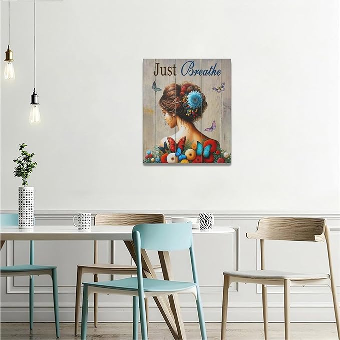 Just Breathe Butterfly Girl Wall Art Aesthetic Girls Room Decor Colorful Flying Butterfly female Woman Pictures Canvas Painting Artwork Decorations Framed for Bedroom Bathroom Office 24 x 20 inch