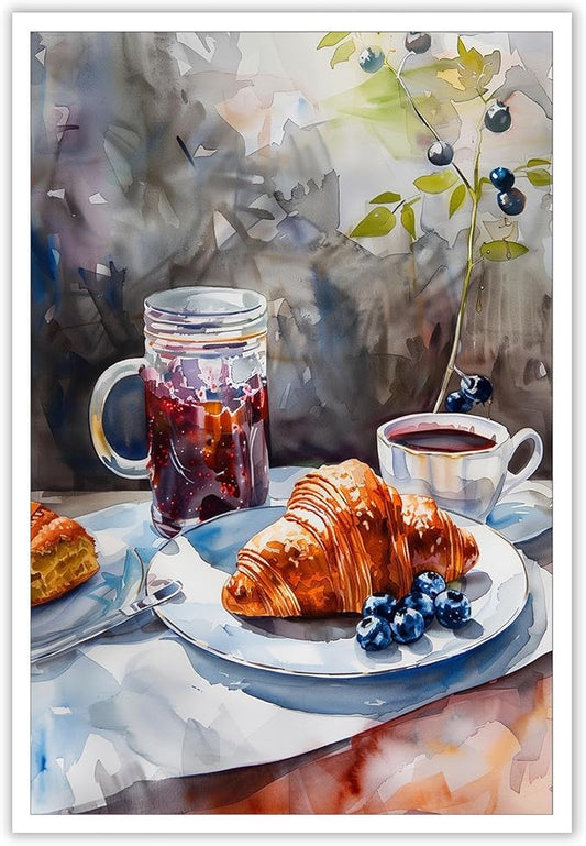 Vintage Coffee Food Kitchen Wall Art Colorful Bread Pastries Drinks Canvas Posters Funky Dining Table Plates Afternoon Tea Prints Painting For Modern Dining Room Cafe Wall Decor 12x16in Unframed
