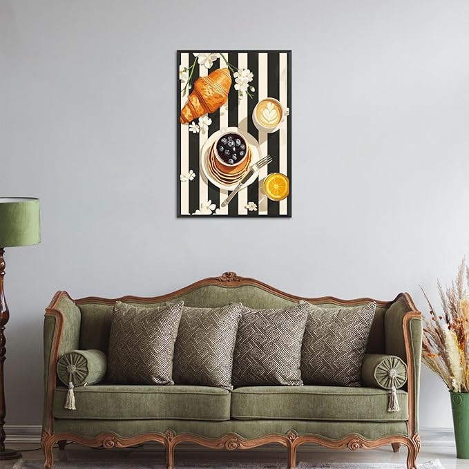 Vintage Black And White Kitchen Food Wall Art Funky Afternoon Tea Pastries Canvas Posters Colorful Cake Bread Oranges Prints Painting For Modern Dining Room Bakery Cafe Wall Decor 16x24in Framed