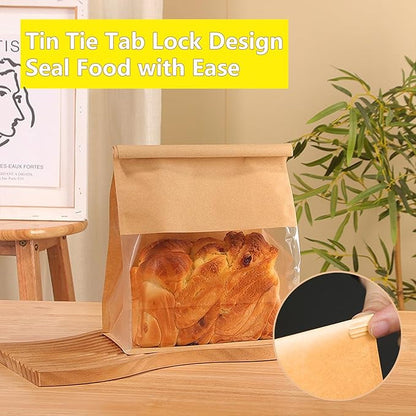 Heavy Duty Large Kraft Paper Bread Bags with Tin Tie Tab Lock 100pcs, Loaf Bag with Clear Front Window, Storage Packaging Treat Bag for Bakery Cafe Homemade Bread 10.6” × 4.3” × 8.7”