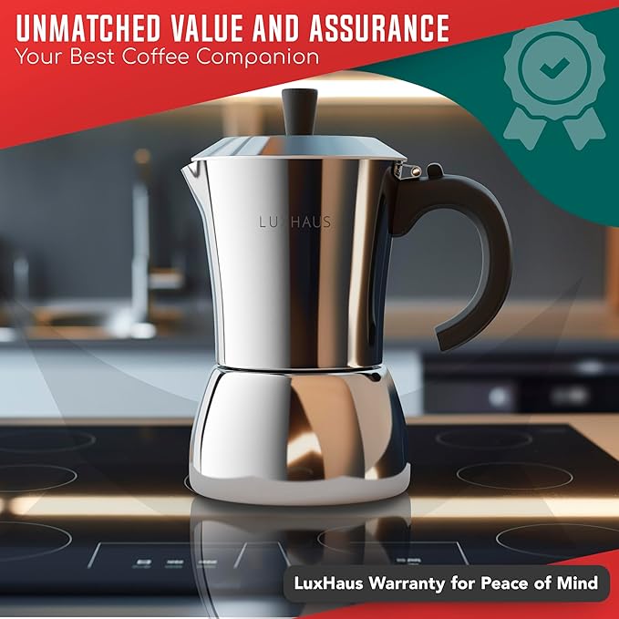 LuxHaus Moka Pot - 9 Cup Stovetop Espresso Maker - 100% Stainless Steel Italian and Cuban Mocha Coffee Maker