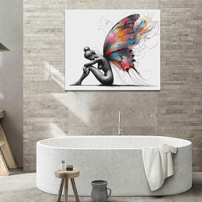 Butterfly Girl Wall Decor Colorful Butterfly Wings pictures Canvas Wall Art Female Woman Painting Girl Room Decor Artwork Decorations Framed for Bedroom Bathroom living Room Office 24 x 20 inch