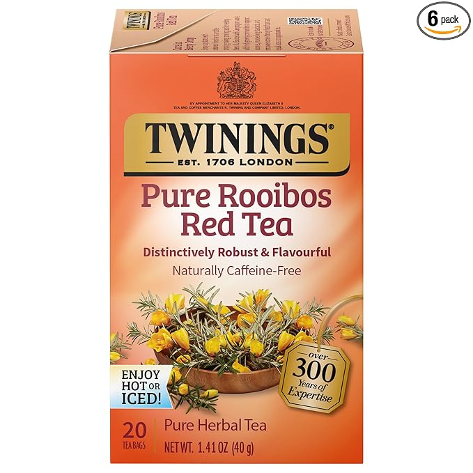 Twinings Pure Rooibos Red Herbal Tea Individually Wrapped Bags, 20 Count (Pack of 6), Sweet with Uplifting Aroma, Naturally Caffeine-Free, Enjoy Hot or Iced | Packaging May Vary