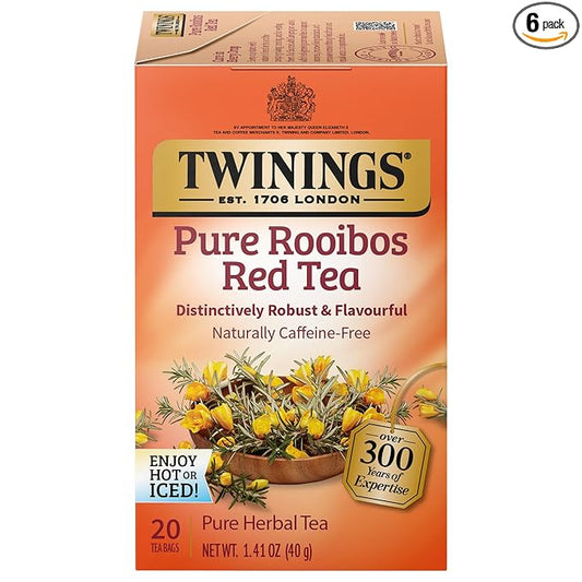 Twinings Pure Rooibos Red Herbal Tea Individually Wrapped Bags, 20 Count (Pack of 6), Sweet with Uplifting Aroma, Naturally Caffeine-Free, Enjoy Hot or Iced | Packaging May Vary