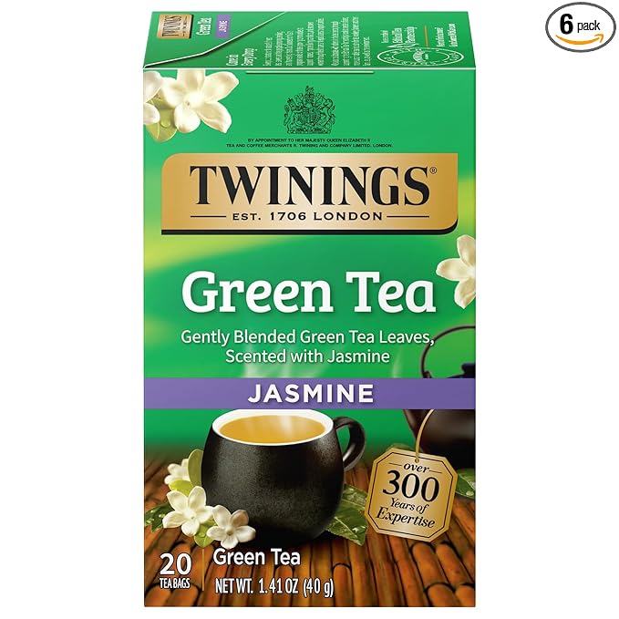Twinings Green Tea with Jasmine Individually Wrapped Bags, 20 Count (Pack of 6), Fragrant Floral Scent, Caffeinated, Enjoy Hot or Iced | Packaging May Vary