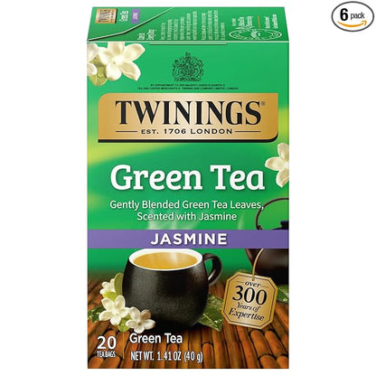 Twinings Green Tea with Jasmine Individually Wrapped Bags, 20 Count (Pack of 6), Fragrant Floral Scent, Caffeinated, Enjoy Hot or Iced | Packaging May Vary