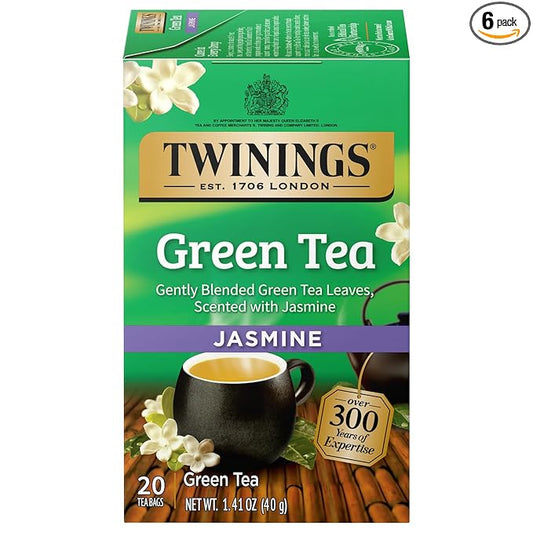 Twinings Green Tea with Jasmine Individually Wrapped Bags, 20 Count (Pack of 6), Fragrant Floral Scent, Caffeinated, Enjoy Hot or Iced | Packaging May Vary