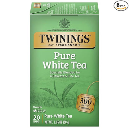 Twinings Pure White Tea Individually Wrapped Bags, 20 Count (Pack of 6), Light & Fresh, Caffeinated, Enjoy Hot or Iced | Packaging May Vary