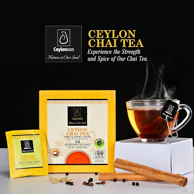 Ceylonzon Chai Tea Classic Taste 50 Individually Foil-Wrapped Tea Bags, Pure Ceylon Black Tea with Naturally Rich flavor & Spices, Spice Chai Latte Blend 80g