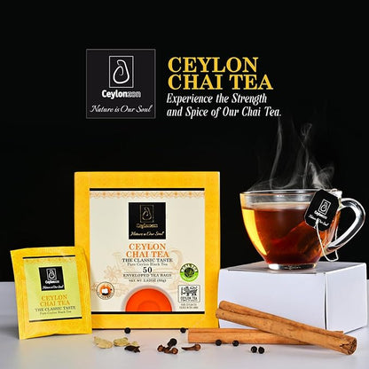 Ceylonzon Chai Tea Classic Taste 50 Individually Foil-Wrapped Tea Bags, Pure Ceylon Black Tea with Naturally Rich flavor & Spices, Spice Chai Latte Blend 80g