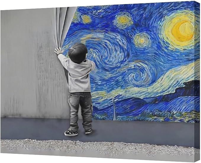 xiilo Banksy Wall Art Boys Starry Night Street Graffiti Pictures Wall Decor Kids Canvas Painting Pop Home Modern Artwork Decorations Framed for Living Room Bedroom Bathroom Office 24 x 20 inch
