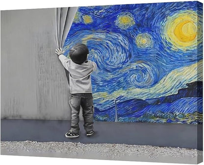 xiilo Banksy Wall Art Boys Starry Night Street Graffiti Pictures Wall Decor Kids Canvas Painting Pop Home Modern Artwork Decorations Framed for Living Room Bedroom Bathroom Office 24 x 20 inch