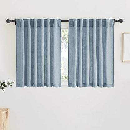 RYB HOME Linen Texture Curtains for Short Window Treatments, Semi Transparent Breathable Fabric Lightweight for Kitchen Bathroom Bedroom, W 52 x L 36 inches, Dusty Blue, 2 Panels