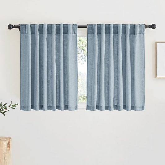 RYB HOME Linen Texture Curtains for Short Window Treatments, Semi Transparent Breathable Fabric Lightweight for Kitchen Bathroom Bedroom, W 52 x L 36 inches, Dusty Blue, 2 Panels