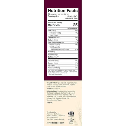 Teeccino Almond Amaretto Chicory Coffee Alternative - Ground Herbal Coffee That’s Prebiotic, Caffeine Free & Acid Free, Medium Roast, 11 Ounce (Pack of 6)