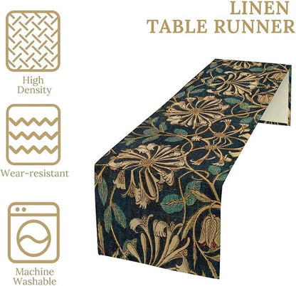 William Morris Table Runner, Vintage William Morris Floral Country Style Linen Table Runner for Home Kitchen Table Decoration, 13x120 Inch