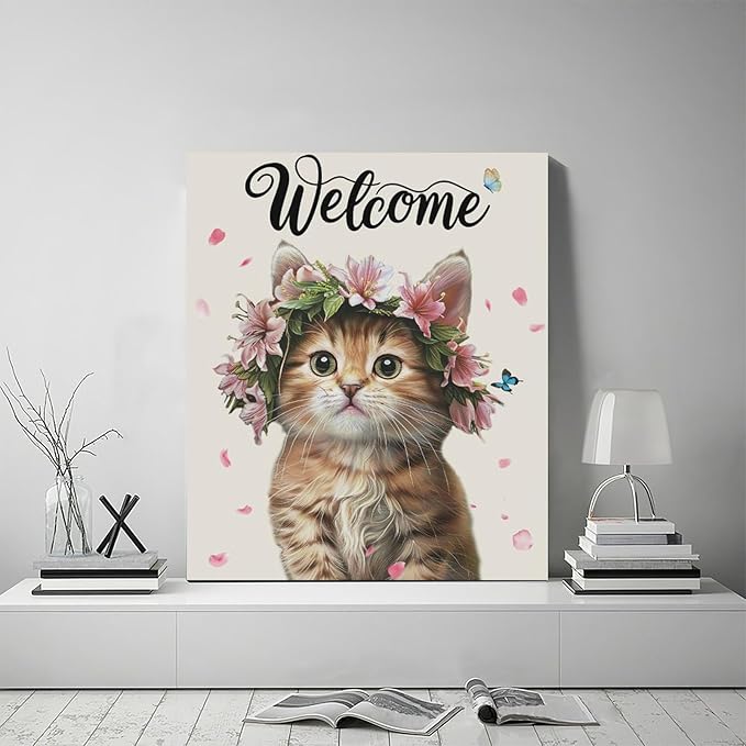 Cat Wall Art Welcome Cats Pictures Wall Decor Flower Cat Canvas Painting Home Modern Artwork Decorations Framed for Bathroom Living Room Bedroom Office 20 x 24 inch